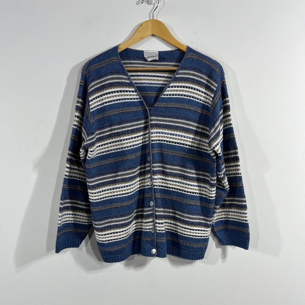 Fashion Bug VTG Folk Fair Isle Striped Cardigan Sweater Womens 14 16 Nordic Ski